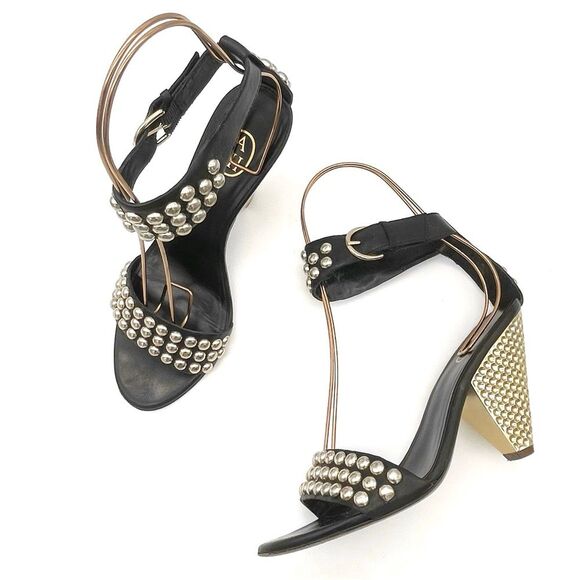 ASH Gold Studded Black Leather Ankle Cuff Heeled Strappy Sandals Size 38 | US 7 - Picture 3 of 16